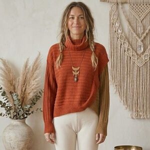Almost Famous Boho Mixed Knit Colorblock Turtleneck Sweater Rust & Olive XL